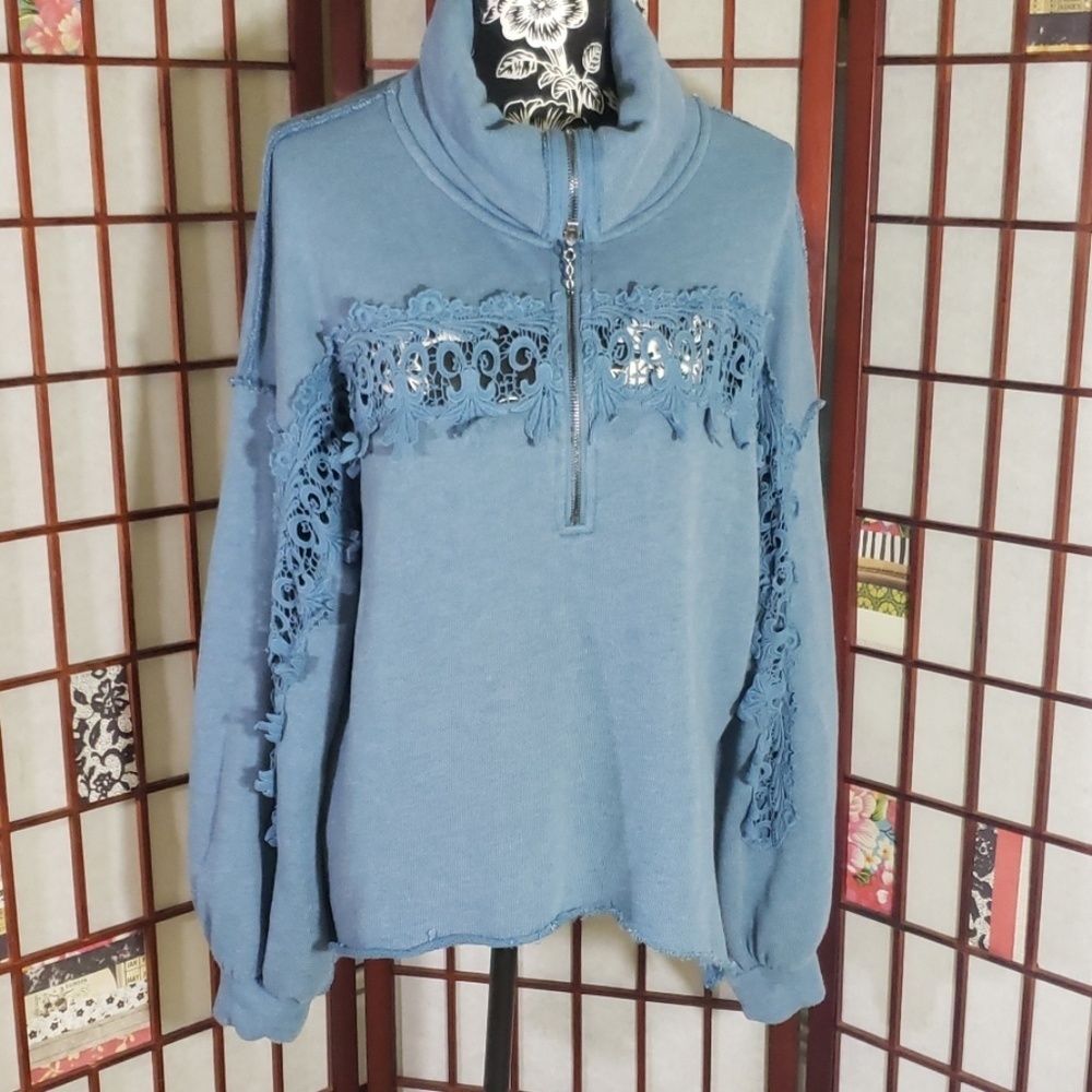 Free People Blue Lace-Trim Cowl Neck Half-Zip Sweater